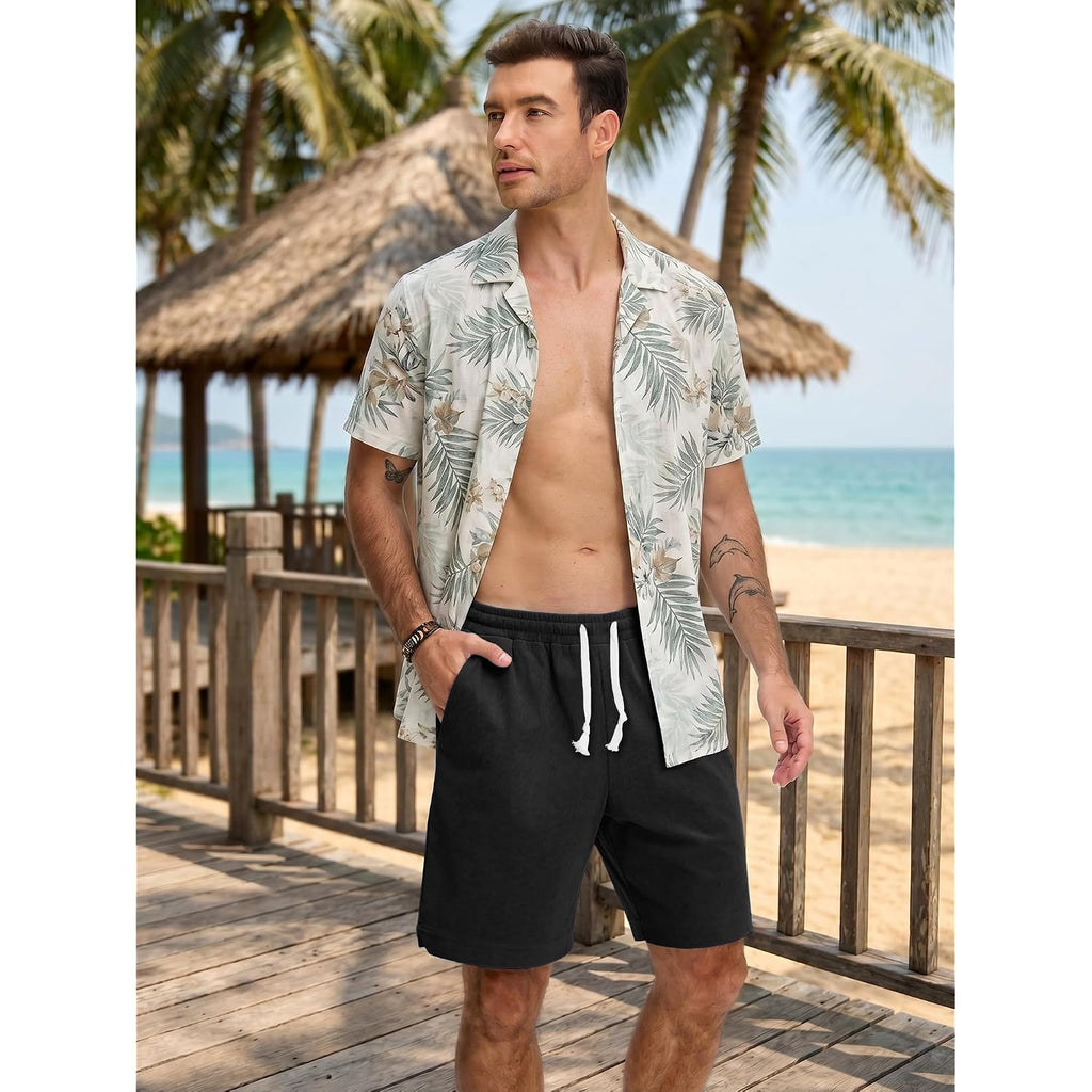 Plepan Mens Corduroy Shorts Casual 7 Inch Elastic Waist Drawstring Lightweight Summer Beach Loose Fit Lounge Shorts