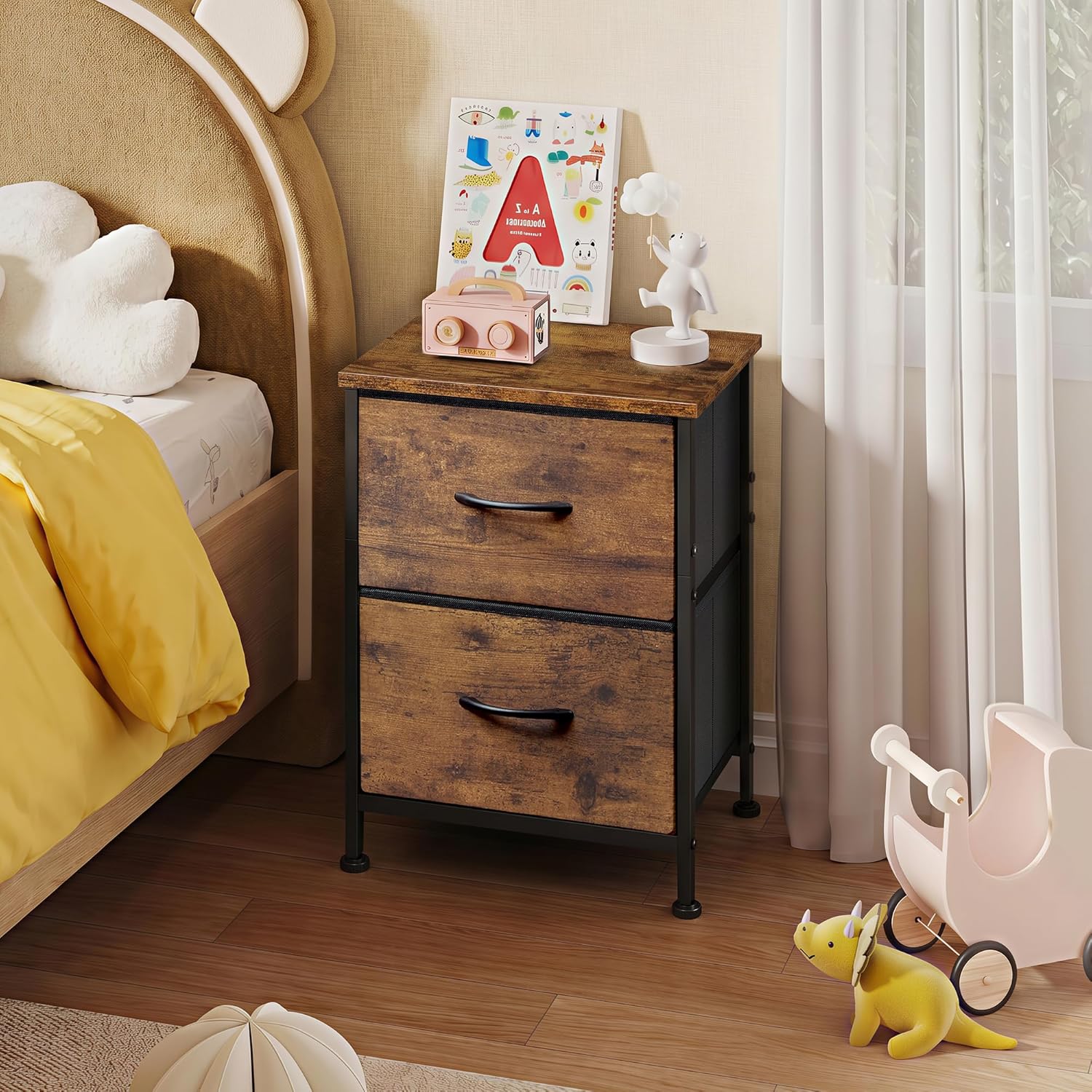WLIVE Night Stand, Small Dresser with 2 Drawers & Wooden Top, Nightstand with Fabric Bins, Bedside Table End Table for Bedroom, Closet, Entryway, College Dorm, Rustic Brown