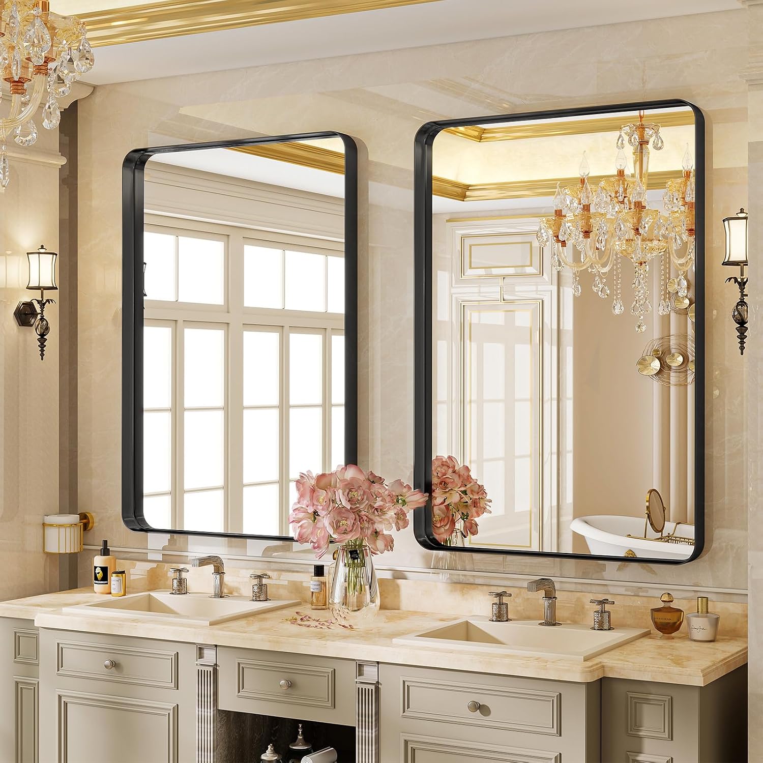 Bathroom Mirror 24X32 Inch, Black Gorgeous Deep Frame Wall Mirror, Modern Round Corner Bathroom Vanity Mirror For Bedroom, Living Room, Hanging Or Leaning Horizontal Or Vertical, Black