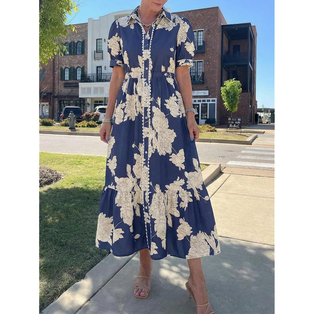Wenrine Womens Casual Shirt Dress Floral Collared Short Sleeve Button Down Drawstring Waist Loose Summer Maxi Dresses
