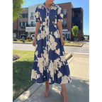 Wenrine Womens Casual Shirt Dress Floral Collared Short Sleeve Button Down Drawstring Waist Loose Summer Maxi Dresses