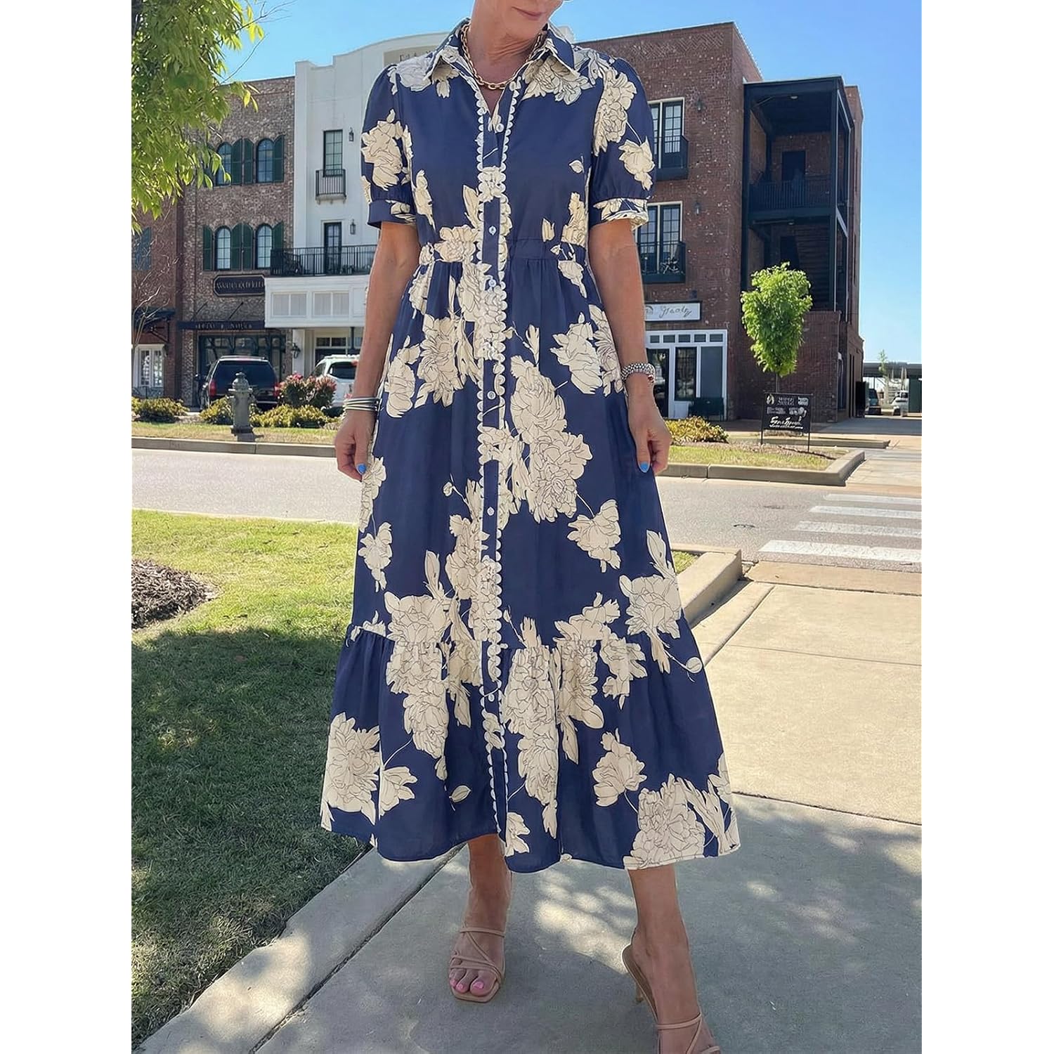 Wenrine Womens Casual Shirt Dress Floral Collared Short Sleeve Button Down Drawstring Waist Loose Summer Maxi Dresses