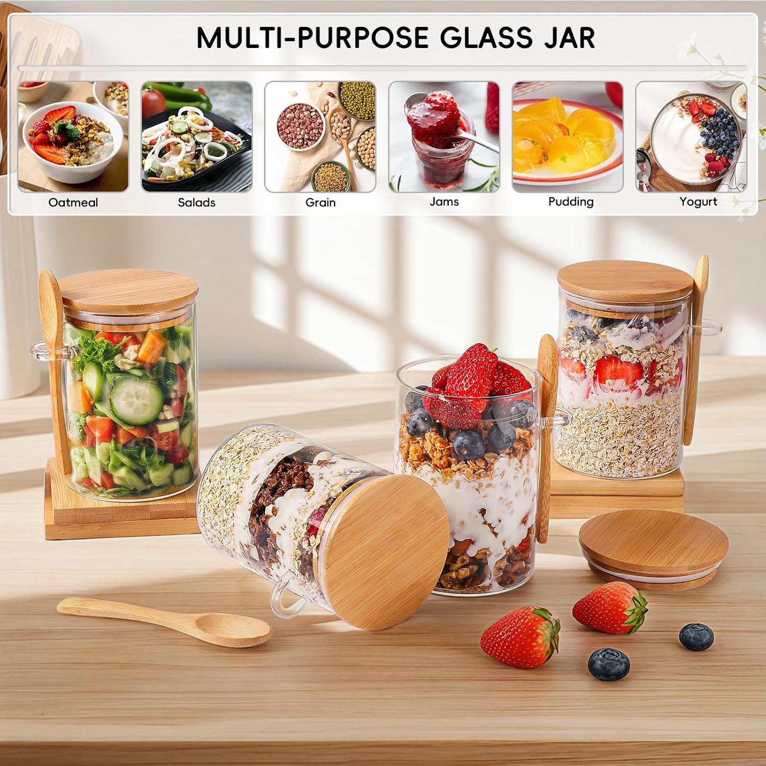 Mhdcly Overnight Oats Containers With Lids,16Oz Overnight Oats Jars 4 Pack, Oatmeal Cups,Meal Prep Containers,Glass Meal Prep Containers With Lids,China Pudding Jars