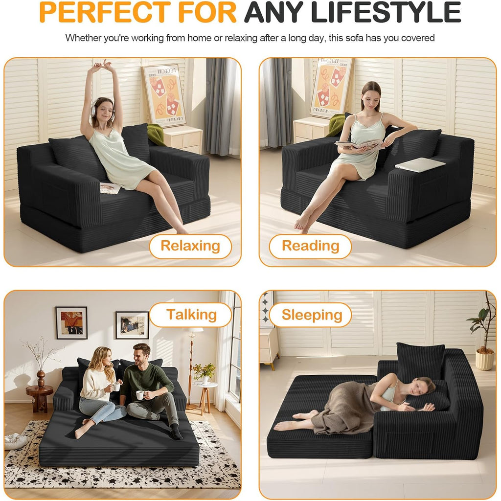 Loveseat Boneless Convertible Sofa Bed, Folding Floor Futon Sleeper Sofa Couch Bed- Boneless Foldable Couch, Corduroy Pull Out Sofa Bed With 2 Pillows For Living Room & Bedroom