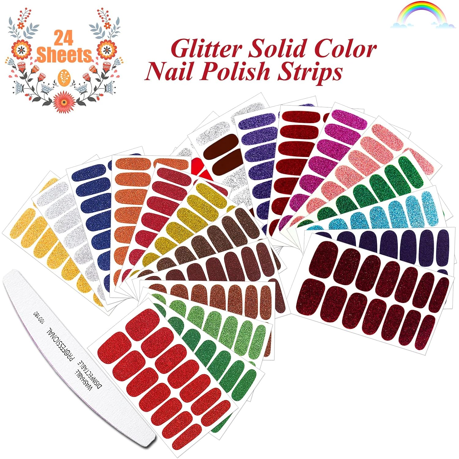 24 Sheets Glitter Solid Color Nail Polish Strips Stickers with Nail File Self-Adhesive Nail Strips Stick On Nail Stickers Full Nail Wraps for Women Girls