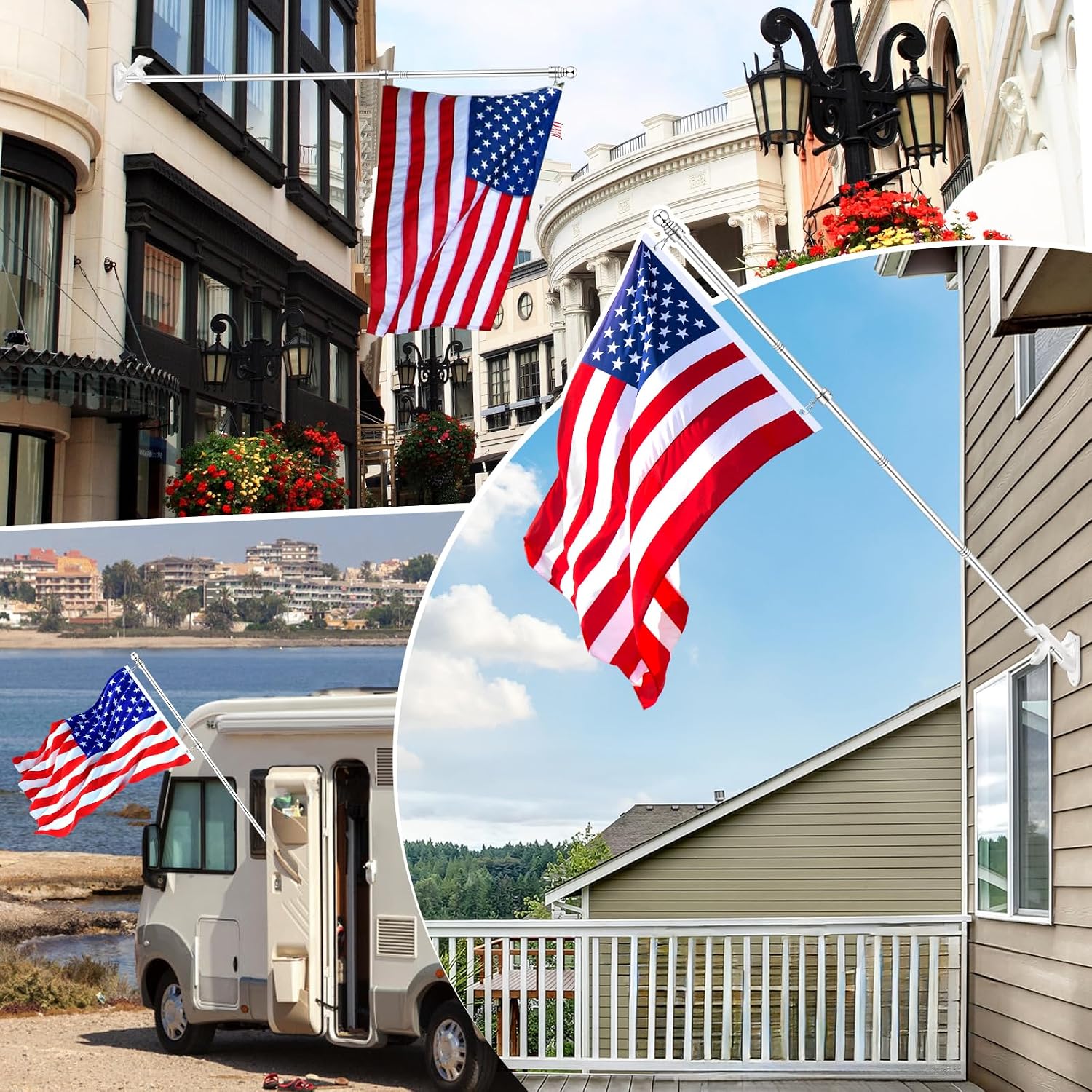 5 Ft Flag Pole For Outside House, 1" Stainless Steel Flag Pole Kit With 2-Position Flagpole Holder Bracket & 360° Spinning Metal Flag Ring Clips, Outdoor Porch Wall Mounted For 3X5 Flag (5 Ft, Silver)