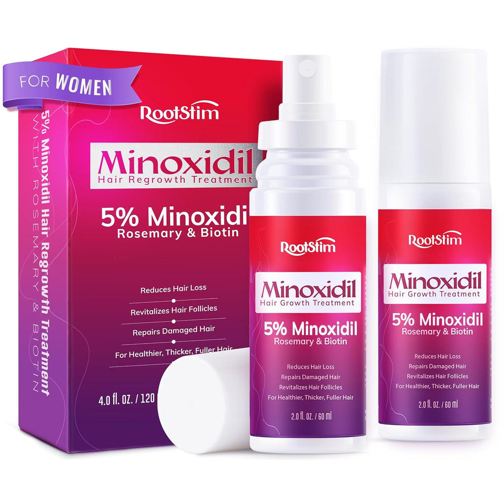 Women's 5% Minoxidil Spray for Hair Growth: 2-Pack RootStim Extra Strength Minoxidil with Rosemary & Biotin for Thinning Hair Regrowth and Fuller Hair - 60ML Each