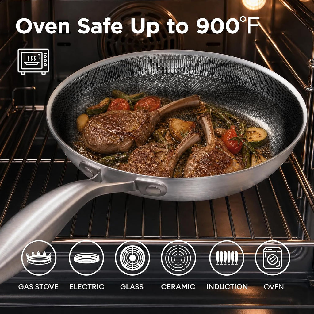 Cooker King 8-Inch Stainless Steel Pan, Hybrid Nonstick Frying Pan – 3-Ply Clad Cookware, Healthy & Non-Toxic, Dishwasher & Oven Safe, Stay-Cool Handle, Induction Compatible – Metal Utensil Safe