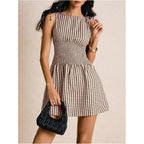 Floerns Women'S Tie Shoulder A Line Gingham Dress Boat Neck Mini Checkered Elegant Dresses