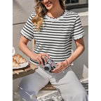 Tankaneo Womens Short Sleeve Striped Tshirts Summer Color Block Scalloped Tops Trendy Casual Basic Tee Shirts