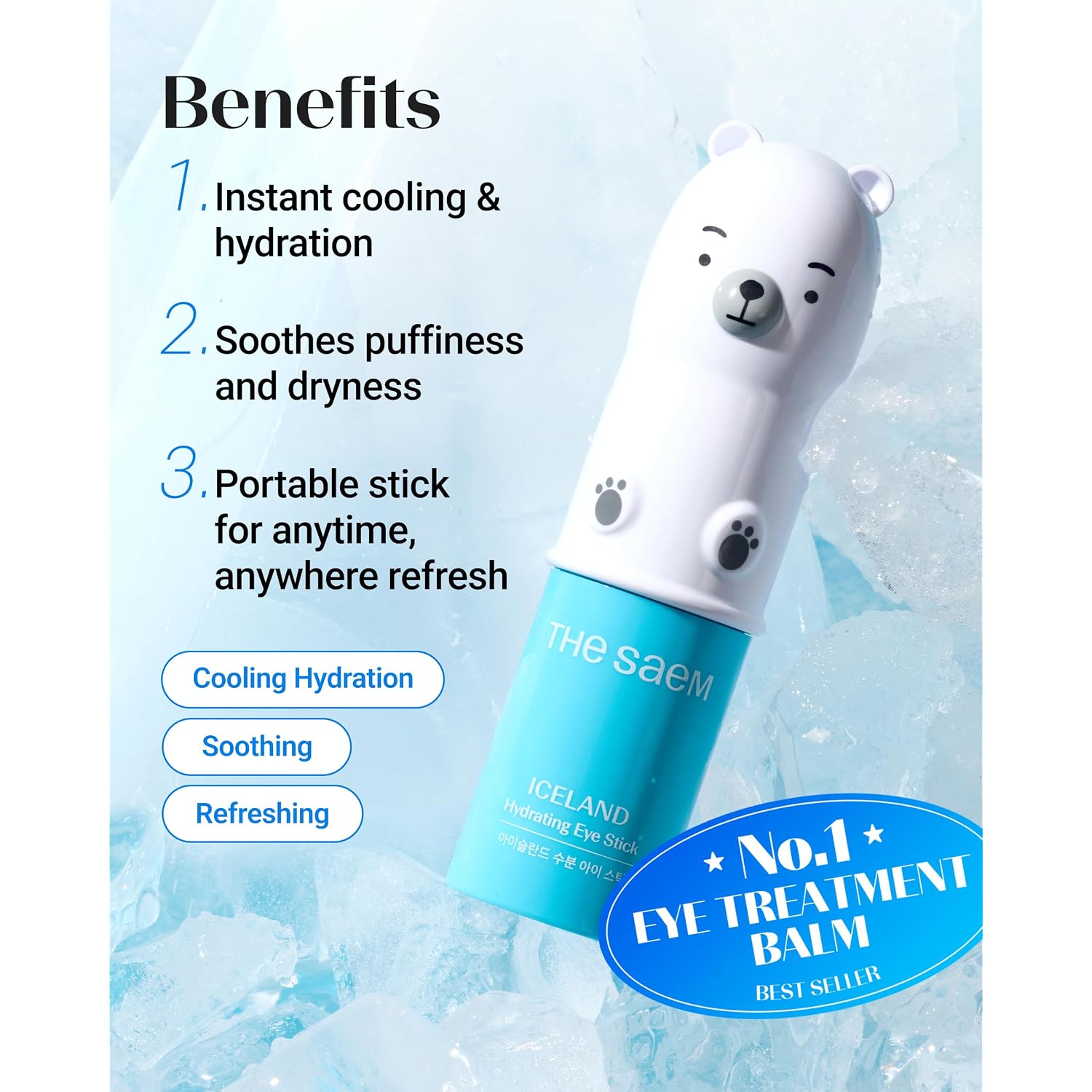 Thesaem Iceland Hydrating Eye Stick - Cooling Balm - Dark Circles & Puffiness – Under Eye Treatment - Reduce Wrinkles And Moisturizing - Minimize Dark & Puffy Eyes - Aqua Scent, 0.38 Oz