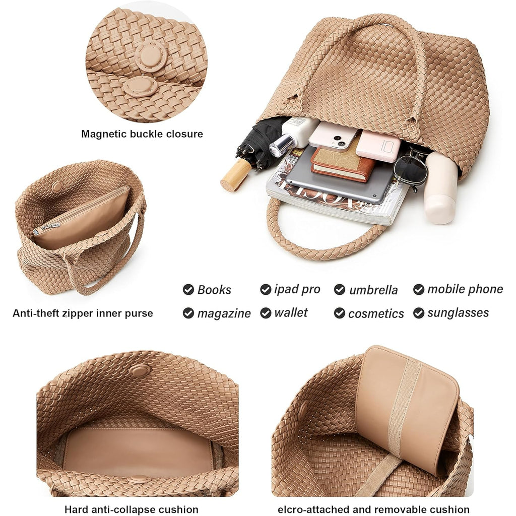 BOYATU Woven Tote Bag for Women: Vegan Leather Purse with 1 Zipper Clutch - Handwoven Tote for Travel Vacation Beach Weekend