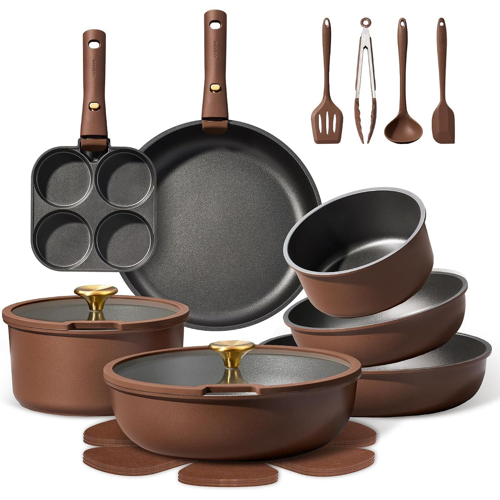 Carote 21Pcs Pots And Pans Set, Nonstick Cookware Set Detachable Handle, Induction Kitchen Cookware Sets Non Stick With Removable Handle, Rv Cookware Set, Oven Safe, Brown