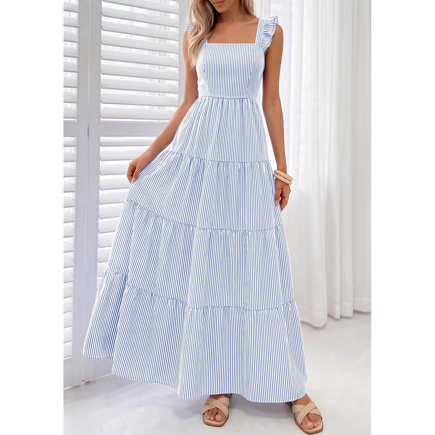 Prettygarden Womens 2026 Summer Casual Maxi Dresses Striped Square Neck Sleeveless Boho Flowy Sundress Beach Vacation Clothes