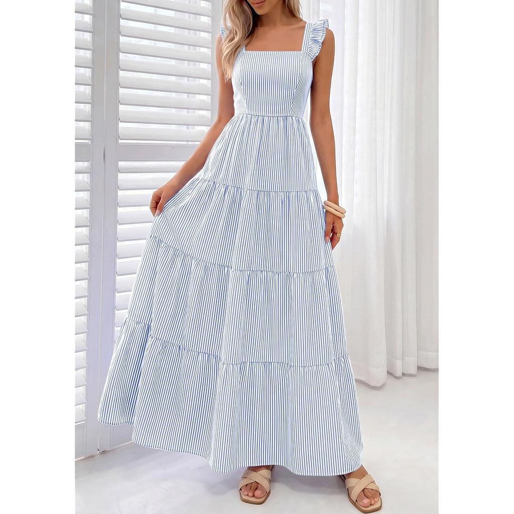 Prettygarden Womens 2026 Summer Casual Maxi Dresses Striped Square Neck Sleeveless Boho Flowy Sundress Beach Vacation Clothes