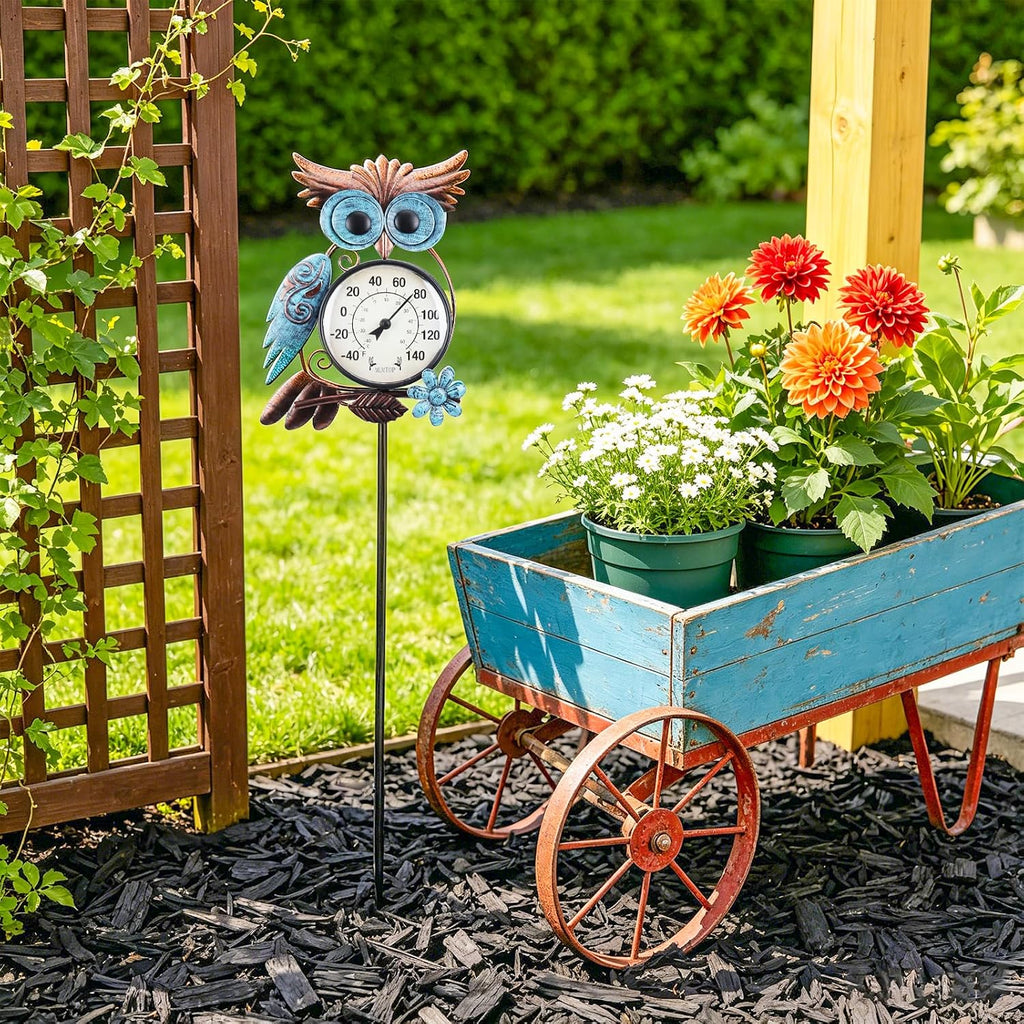 Outdoor Thermometer, Owl Outside Decor For Patio, Yard And Garden | No Battery Needed Garden Stake Wall Art Gifts Idea Waterproof