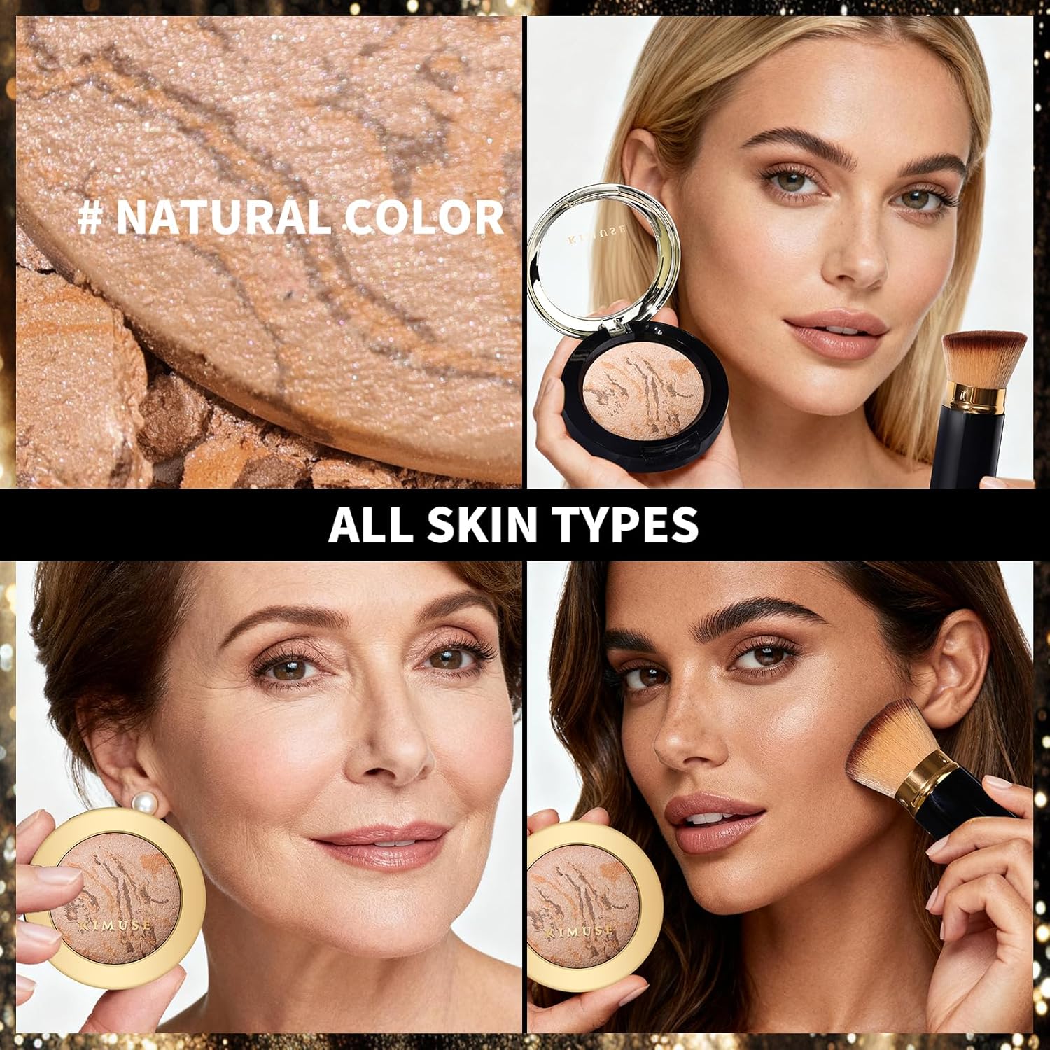 KIMUSE Baked Foundation - Brighten Color Correcting Powder Foundation with Retractable Kabuki Brush Makeup Set for Mature Skin, Buildable Coverage, Radiant Natural Finish