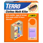 Terro Clothes Moth Killer, 3-Pack, Kills Adult Moths, Larvae & Eggs | Fast-Acting Odorless Formula, 24 Hour Protection For Closets Wardrobes Drawers Storage Areas, Treats 3 Standard Closets