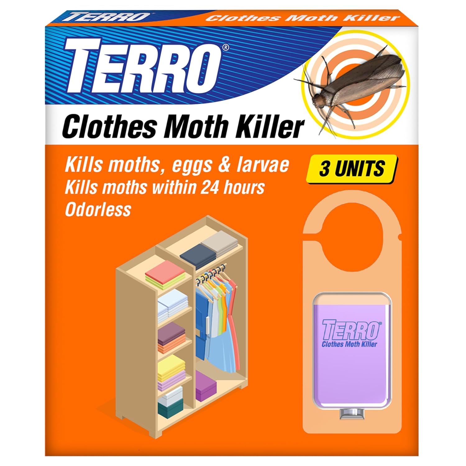 Terro Clothes Moth Killer, 3-Pack, Kills Adult Moths, Larvae & Eggs | Fast-Acting Odorless Formula, 24 Hour Protection For Closets Wardrobes Drawers Storage Areas, Treats 3 Standard Closets
