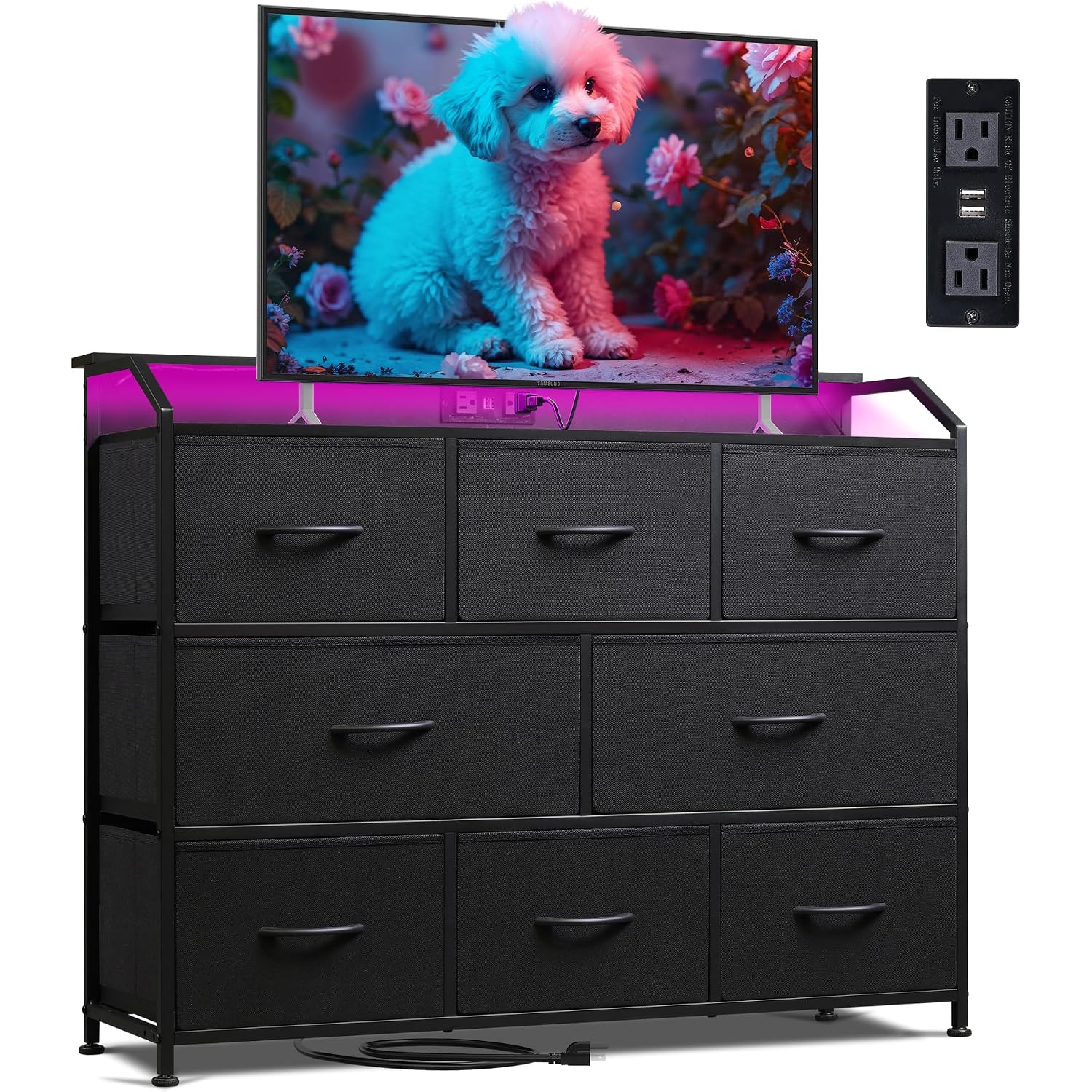 Wlive Led Dresser For Bedroom, Black Dresser Tv Stand For Bedroom With Led Lights And Power Outlet, Wide Chest Of Drawers For Hallway, 8 Fabric Drawers For Living Room And Entryway, Easy To Assemble