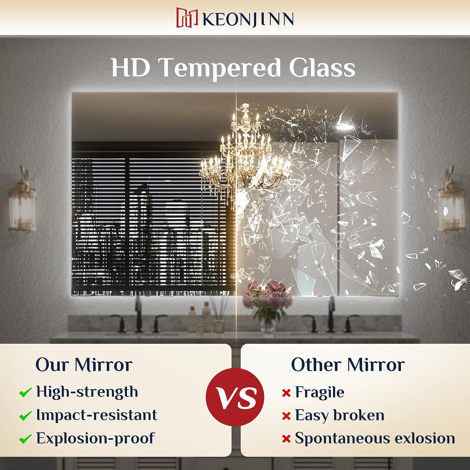 Keonjinn 72 X 36 Inch Led Bathroom Mirror With Lights, Backlit Mirror 3 Colors Lights, Hd Tempered Glass, Safe Defogging, Stepless Dimmable, Ul Listed Power Driver, Wall Mounted Lighted Vanity Mirror
