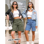 Bermuda Cargo Shorts for Women Casual Long Knee Length High Waisted Stretch Wide Leg Relaxed Fit