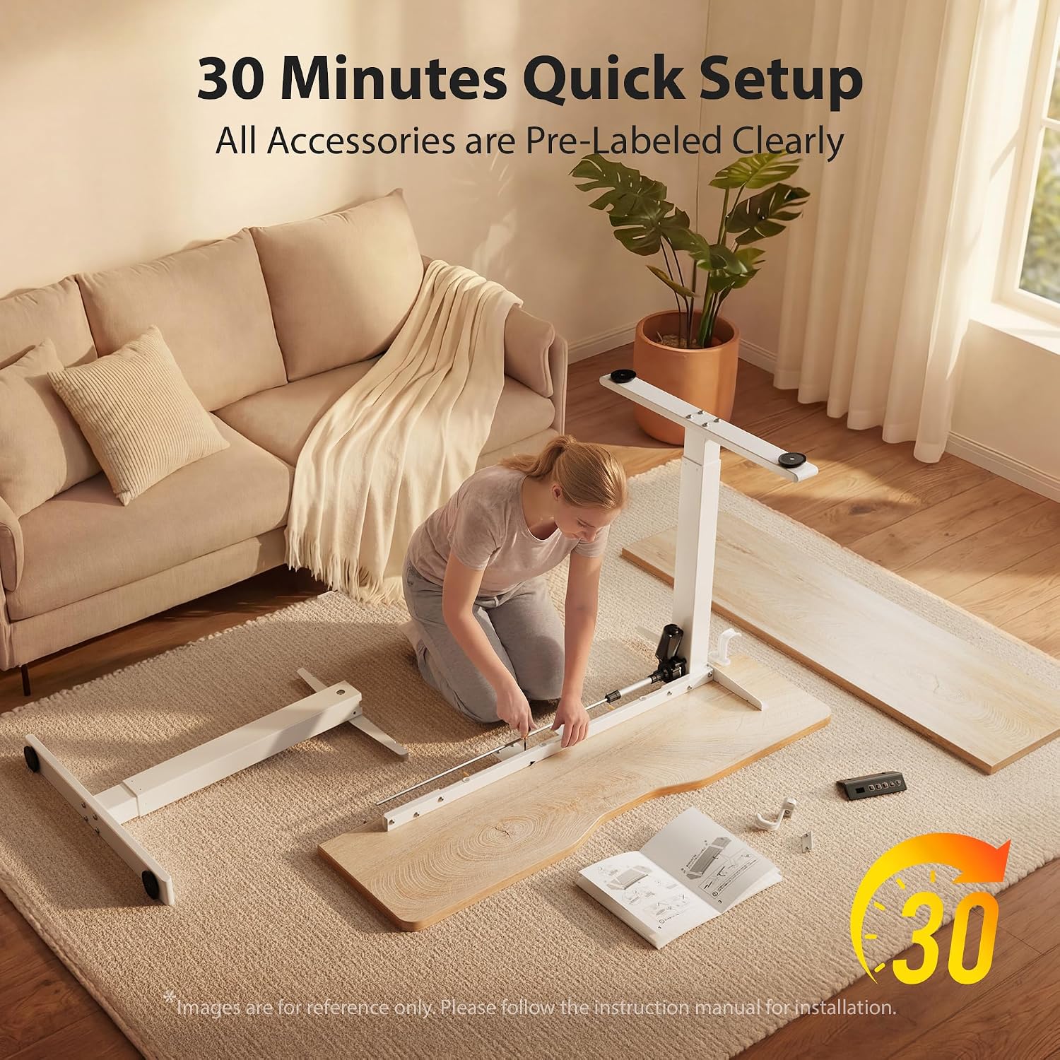 Cubiker Standing Desk, 48X24 Inches Sit Stand Home Office Desk, Electric Stand Up Desk, Adjustable Desk With Splice Board, White Frame/Maple Top