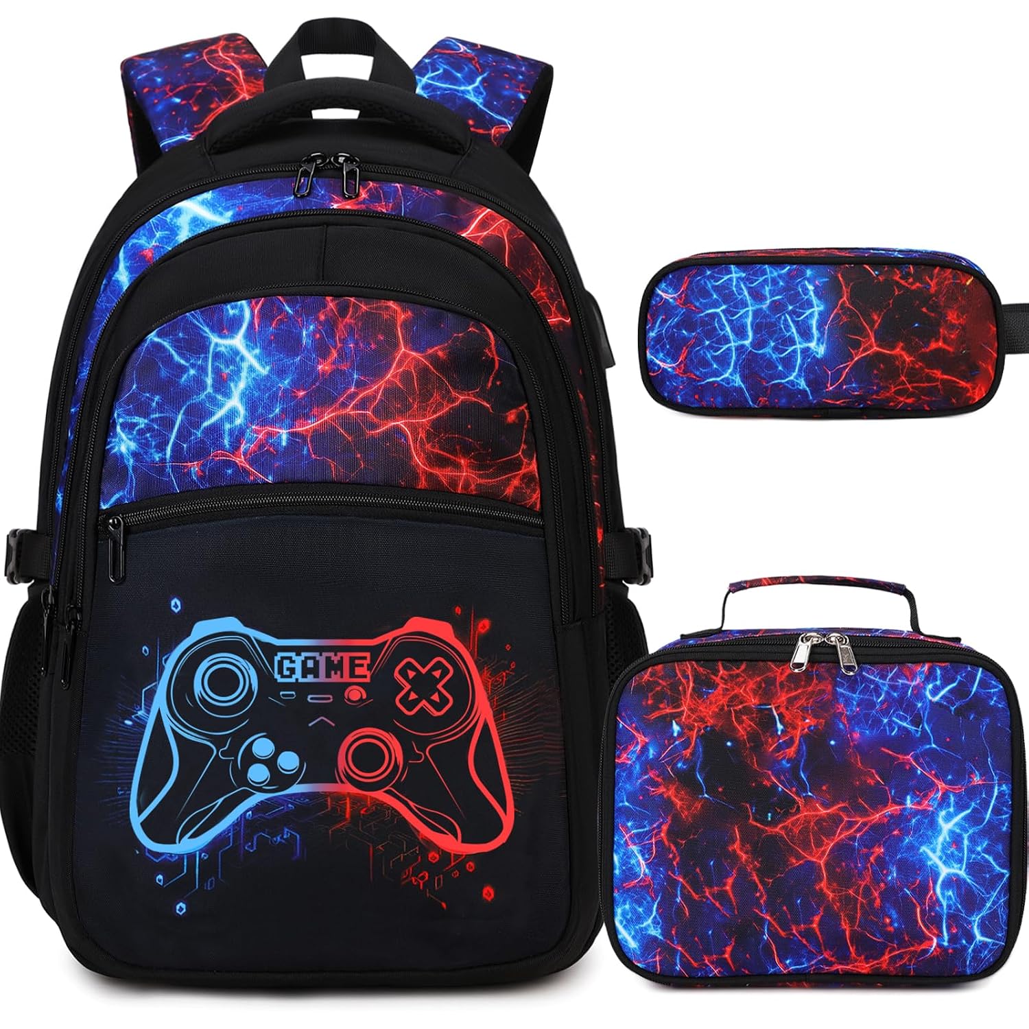 Boys Backpack For School, 3Pcs Cool Luminous Gamer Backpack For Boys With Lunch Box Pencil Case, Kids Backpacks Bookbag For Teen Boy Elementary Middle High School With Usb Charging Port