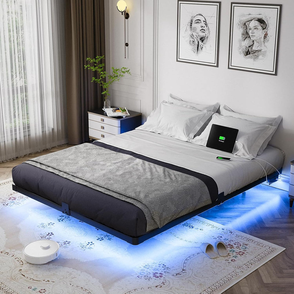 Olevs Floating Bed Frame Queen Size With Smart Led Lights And Charging Station - Modern Metal Platform Bed, Easy Assembly No Box Spring Needed