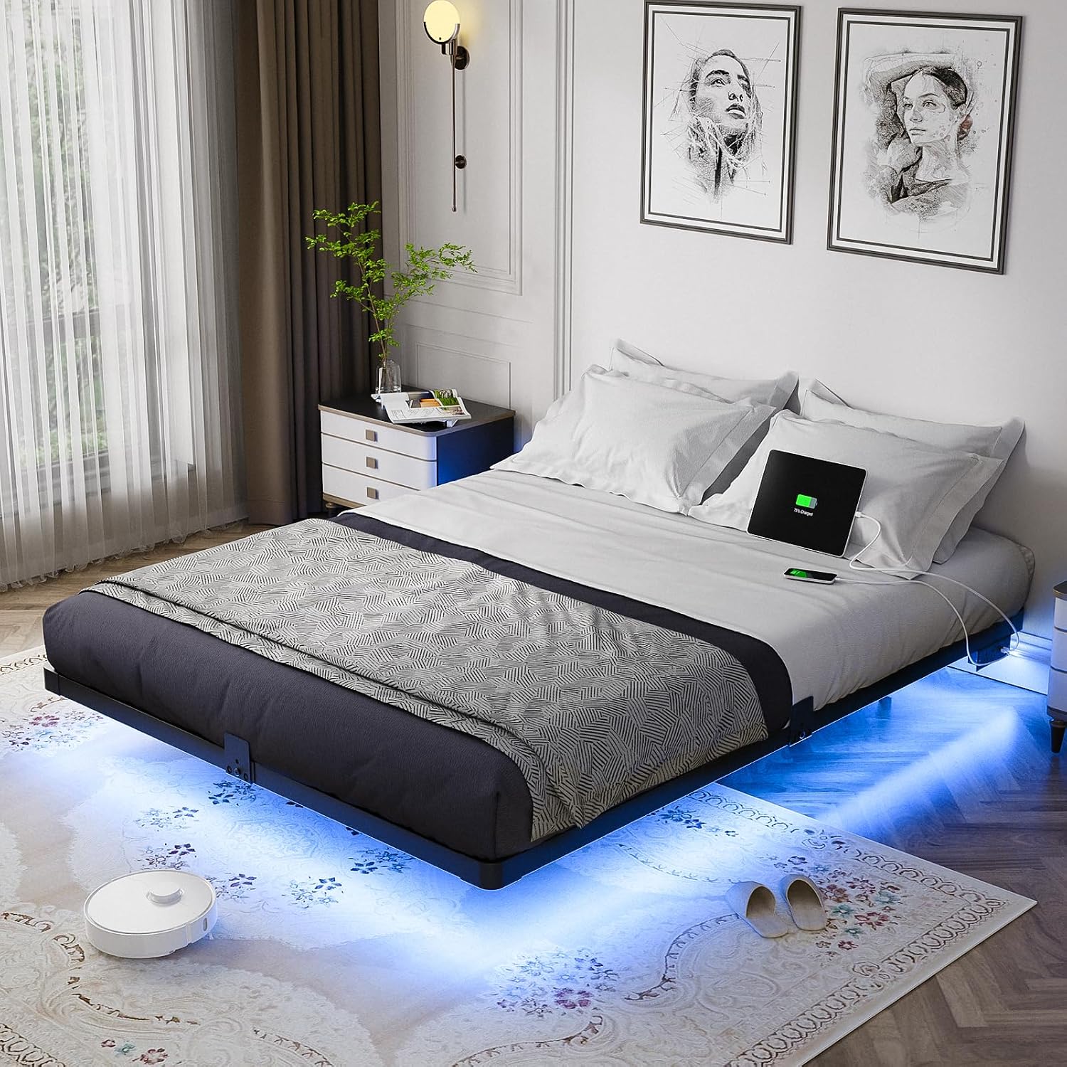 Olevs Floating Bed Frame Queen Size With Smart Led Lights And Charging Station - Modern Metal Platform Bed, Easy Assembly No Box Spring Needed