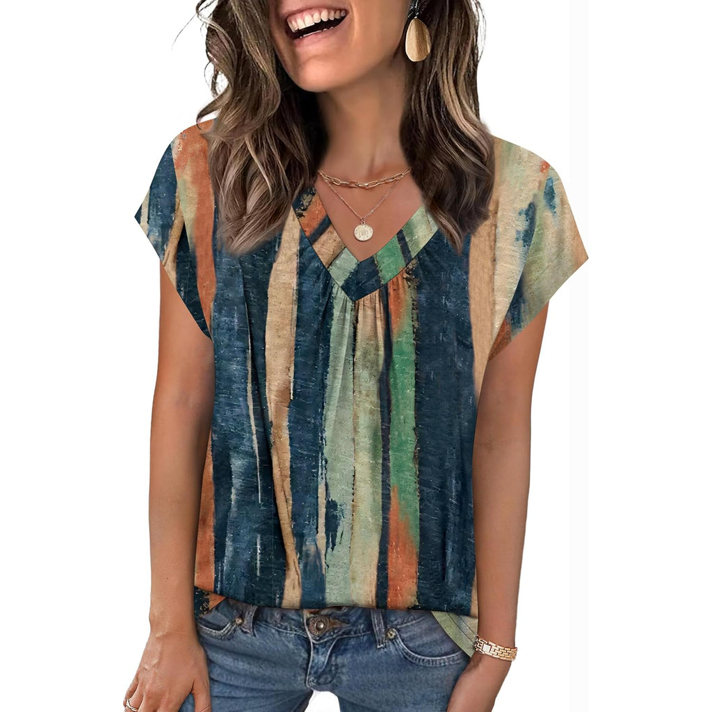 Zeagoo Womens Tops Short Sleeve V Neck Shirts Summer Dressy Casual Business Clothes Work Blouses Fashion Clothing Outfits Cx289 Striped Tie Dye