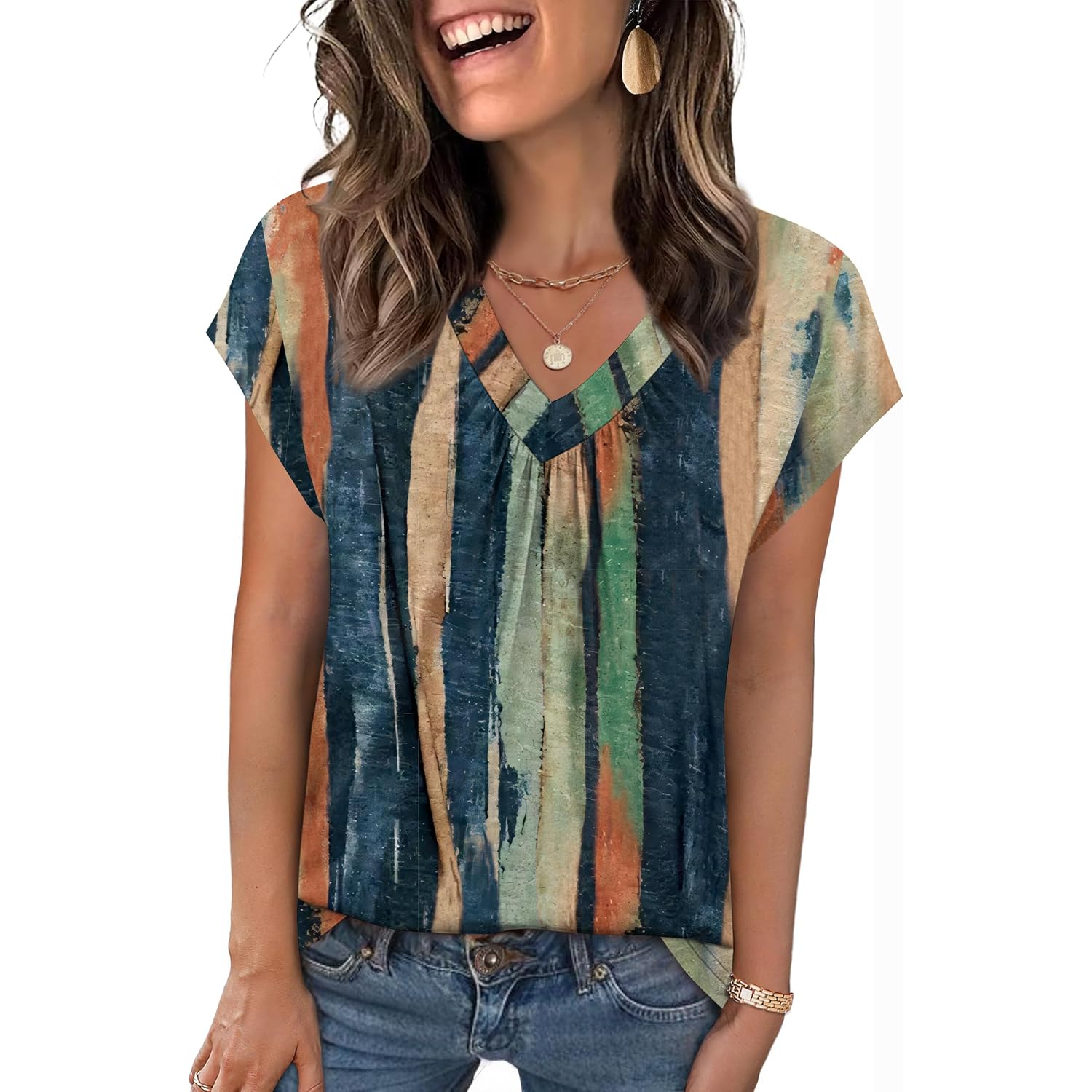 Zeagoo Womens Tops Short Sleeve V Neck Shirts Summer Dressy Casual Business Clothes Work Blouses Fashion Clothing Outfits Cx289 Striped Tie Dye