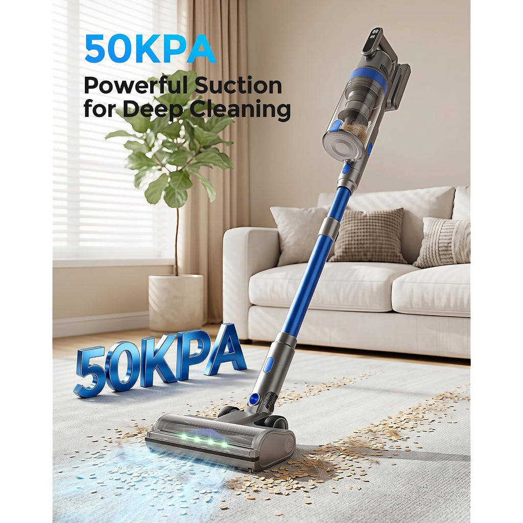 Cordless Vacuum Cleaner, 50Kpa 60Mins Self-Standing Stick Vacuum Cordless With Anti-Tangle Brush,Touch Screen,Lightweight & Portable,Vacuum Cleaners For Home,Pet Hair,Carpet, Hard Floor Blue