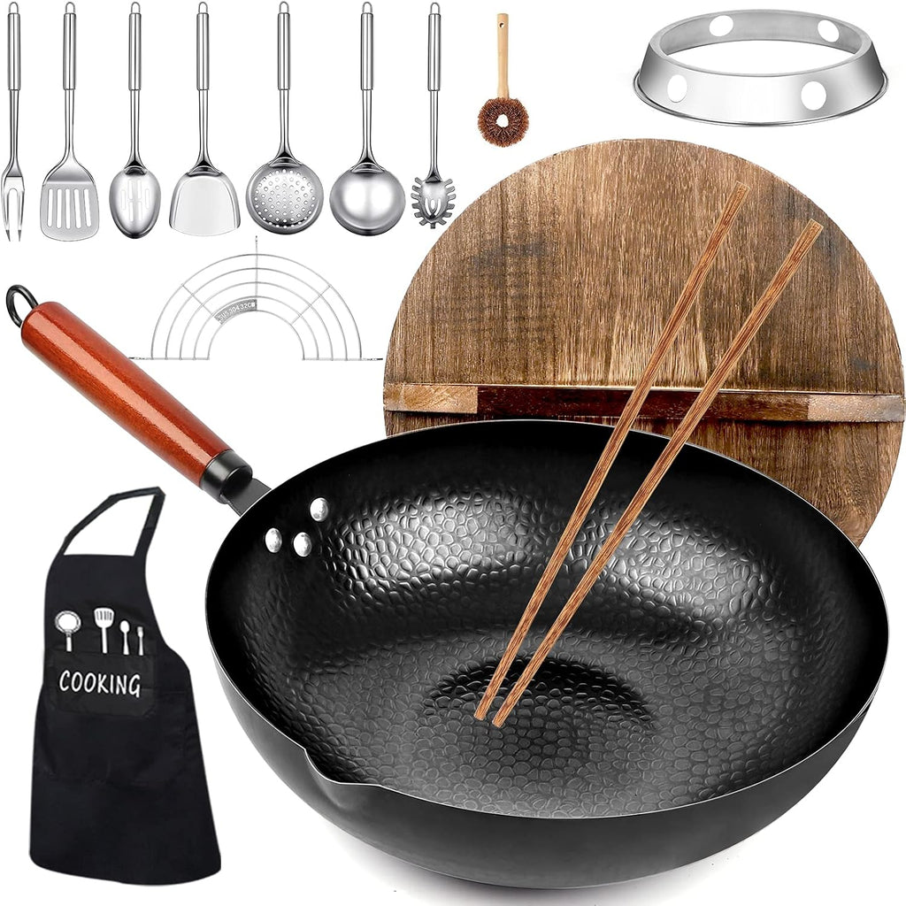 14 Piece Carbon Steel Wok Pan, Woks & Stir-Fry Pans Set With Wooden Lid Cookwares, No Chemical Coated Flat Bottom Chinese Pan For Induction, Electric, Gas, Halogen All Stoves - 12.6''