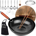 14 Piece Carbon Steel Wok Pan, Woks & Stir-Fry Pans Set With Wooden Lid Cookwares, No Chemical Coated Flat Bottom Chinese Pan For Induction, Electric, Gas, Halogen All Stoves - 12.6''