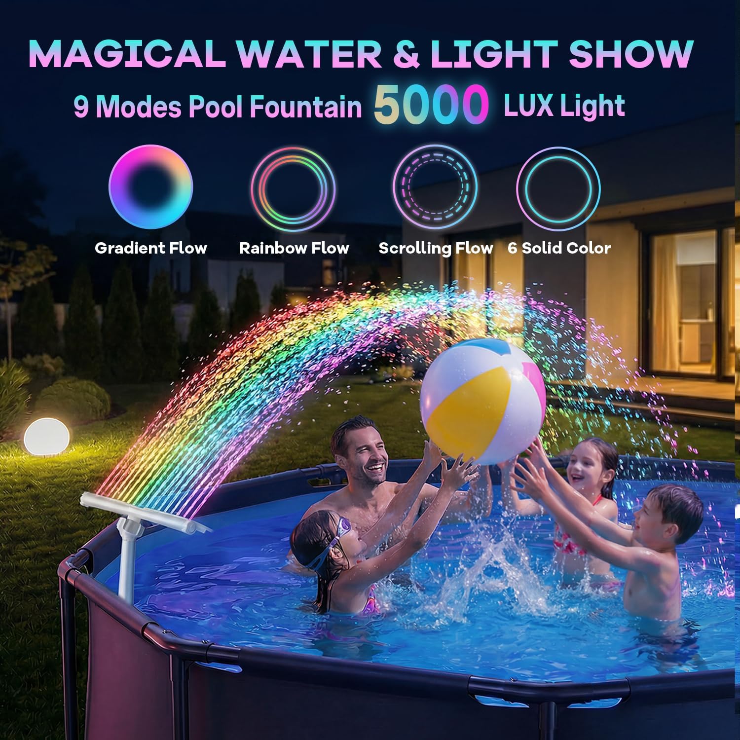 Solar Pool Fountain For Above Ground Pools And Inground Pools | Solar & Usb-C Dual Charging, 9-Color Auto-Sensing Lights, Dual Spray Waterfall, Adjustable Sprinkler For Relaxation