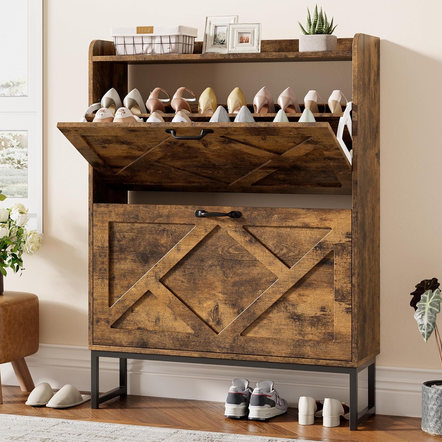 Nicetree Shoe Cabinet Organizer with 2 Flip Drawers, Freestanding Narrow Rack with Metal Legs, Farmhouse Slim Shoe Storage for Entryway, Foyer, Hallway, Rustic Brown