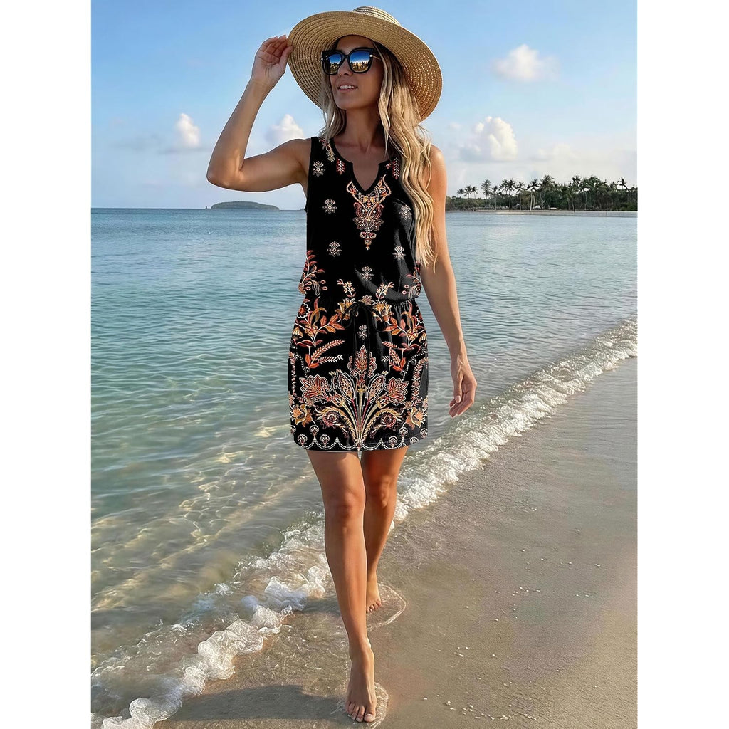 Saukole Womens Sleeveless T Shirt Dresses Casual Cute Floral Print Short Dress Summer Fashion Front Pockets