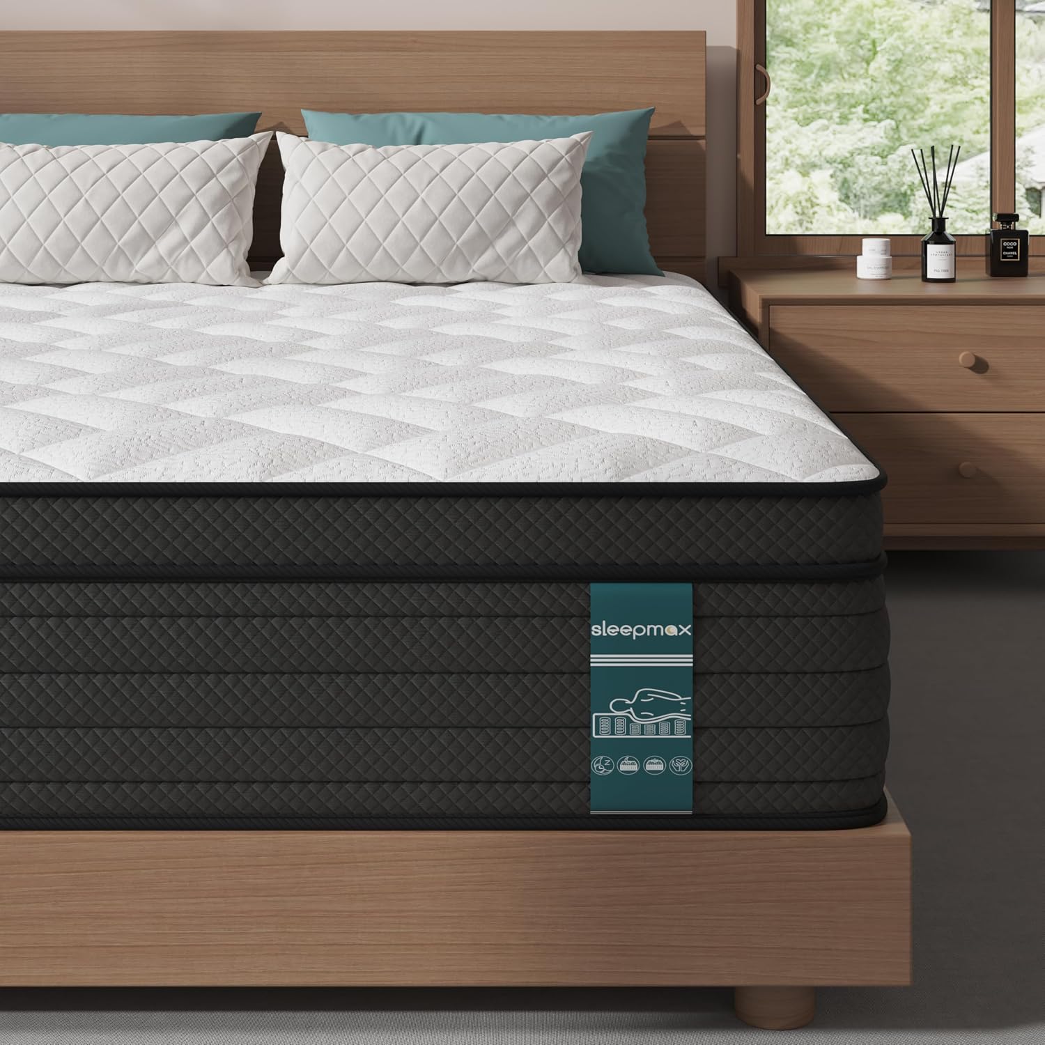 Sleepmax Extra Firm Queen Mattress 12 Inch - Deep Sleep Hybrid Mattress Enhanced Pain Relief - Cooling Bed In A Box For Back & Side Sleepers - Fiberglass-Free, Certipur-Us Certified, 365-Night Trial