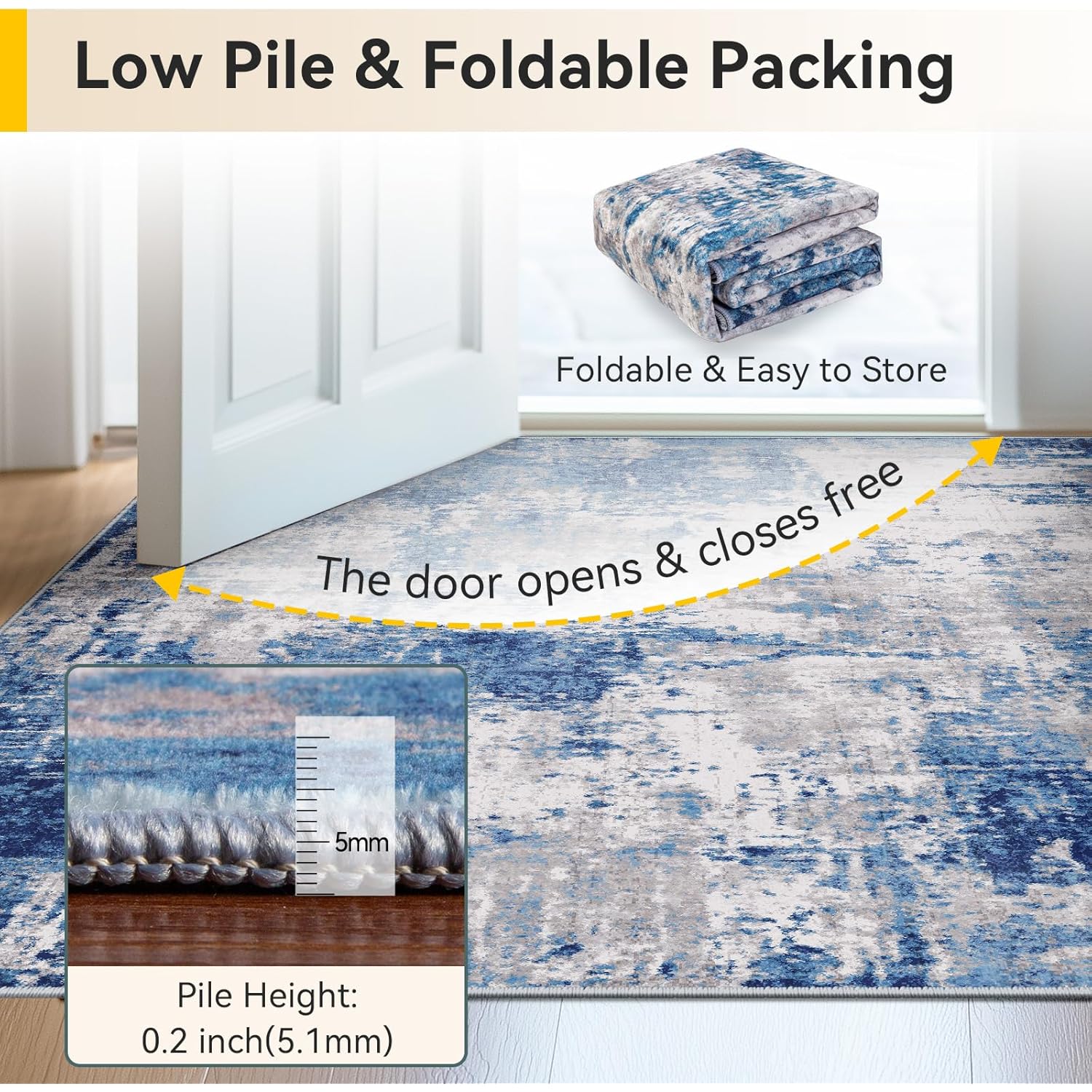 RELEANY Washable Area Rugs 5'x7' Non-Slip Modern Abstract Soft for Living Room Entryway Bedroom Nursery, Print Pattern, Blue Grey Navy Gray