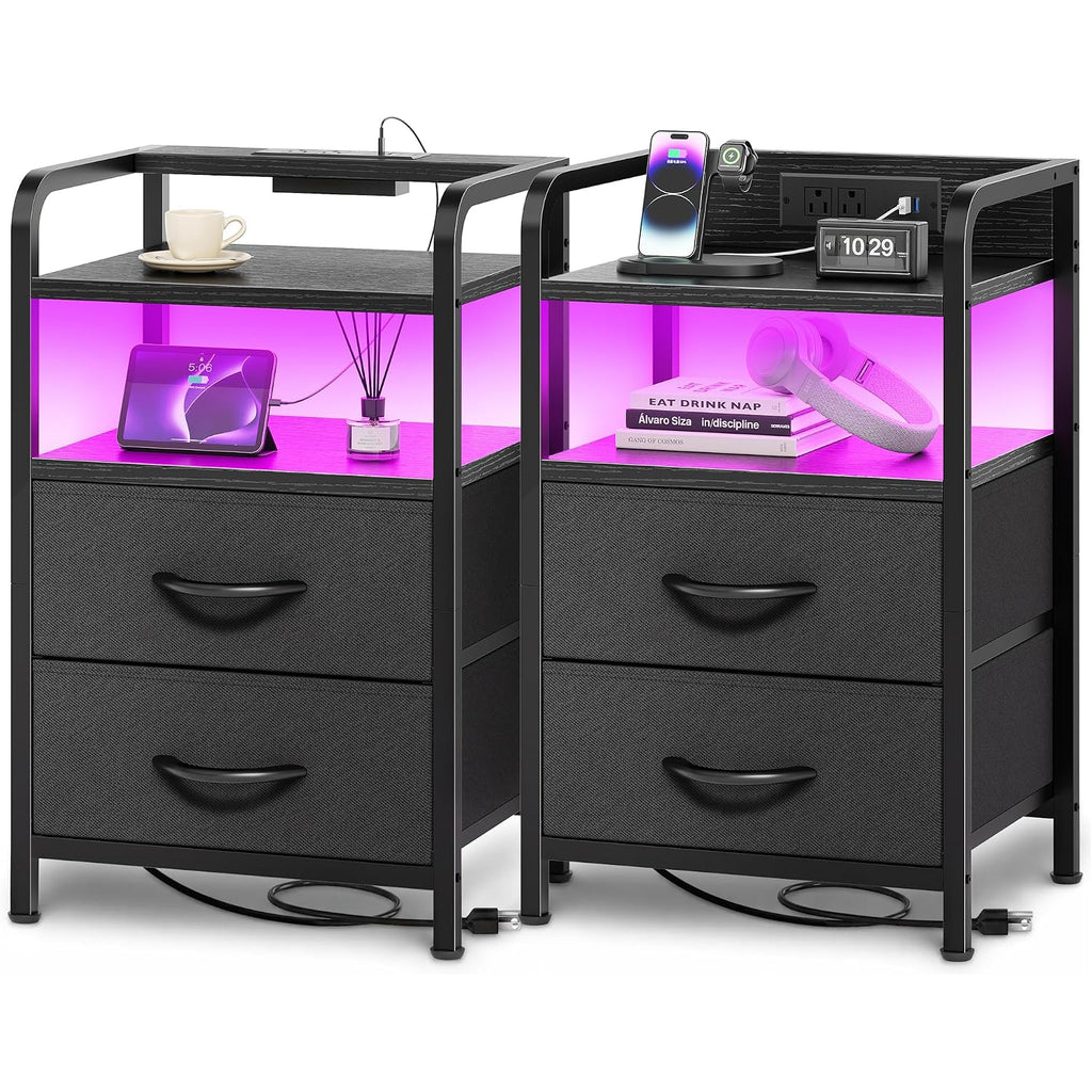 Huuger Nightstands Set Of 2, Night Stand With Led Lights, Charging Station And Usb-C Ports, 2 Drawers Bed Side Table, Open Shelf, 2-Way Power Panel Install, End Table For Bedroom, Black