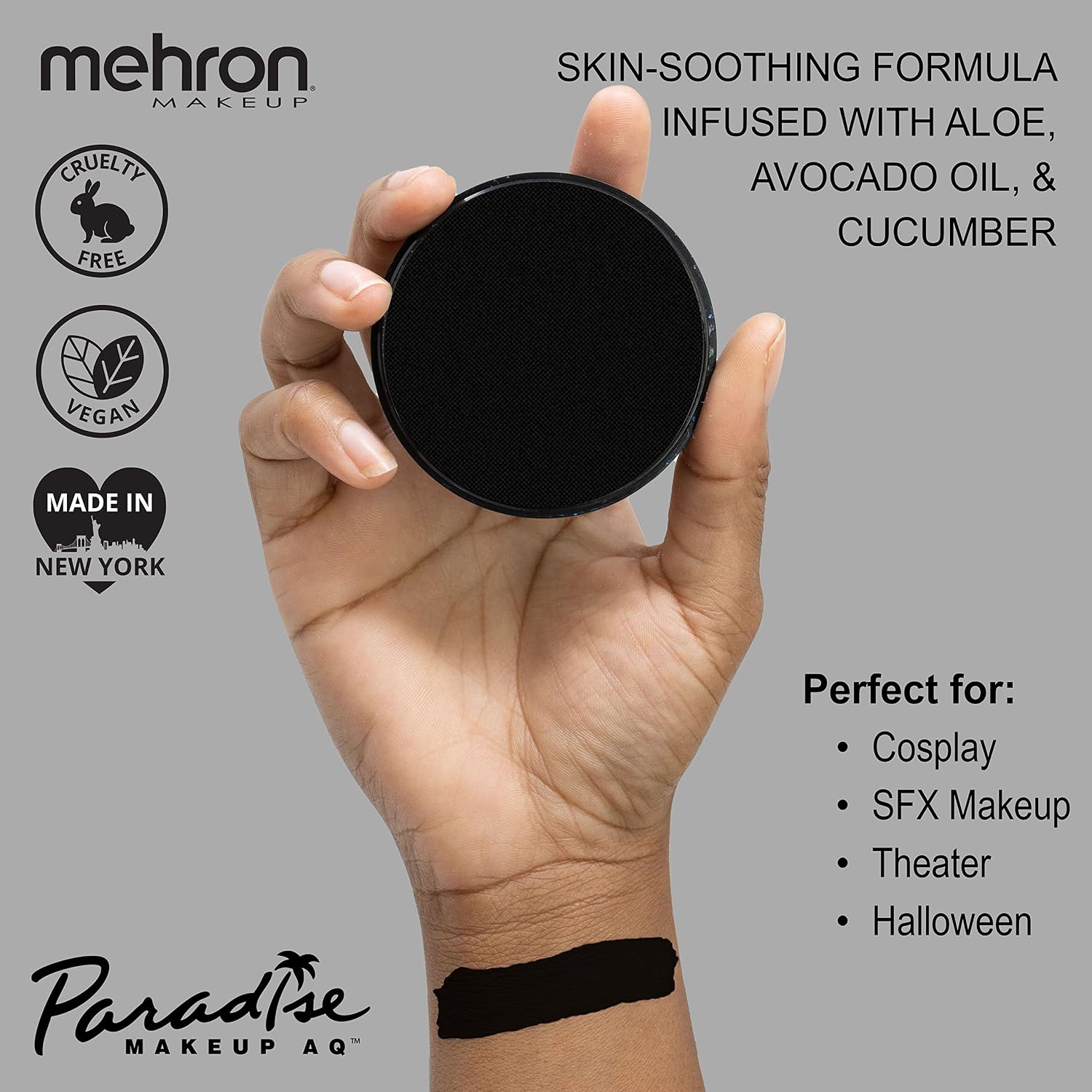 Mehron Paradise Makeup Aq Pro Size | Stage & Screen Performance, Face & Body Painting, Beauty, Cosplay, And Halloween | Water Activated Face Paint, Body Paint 1.4 Oz (40 G) - Black | Made In The Usa