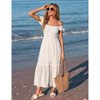 Women Summer Casual Midi Dress Square Neck Button Down Smocked Ruffle Strap Flowy Split Beach Sundress Pockets