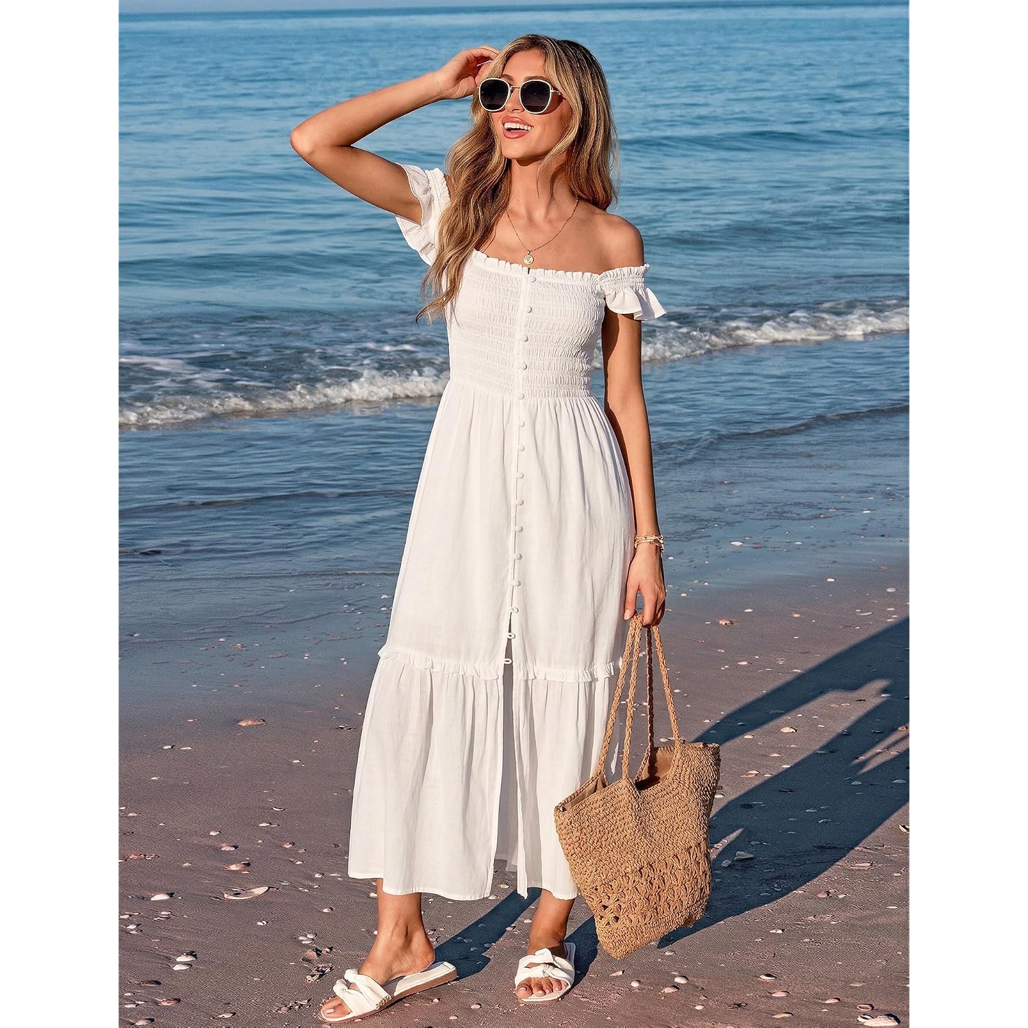 Women Summer Casual Midi Dress Square Neck Button Down Smocked Ruffle Strap Flowy Split Beach Sundress Pockets
