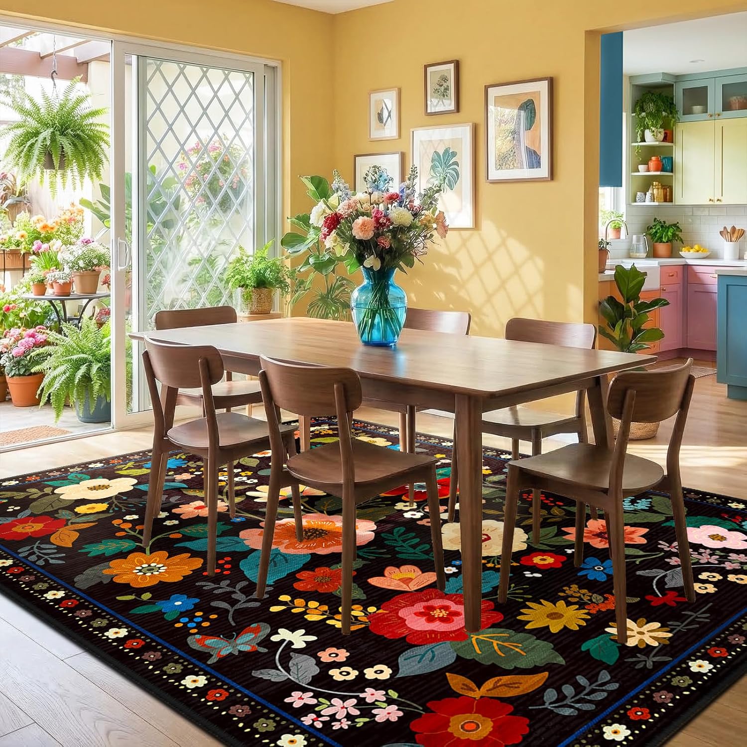 RELEANY Floral Nursery 5x7 Area Rugs Washable Print Boho Cute Carpet Non Slip Flower Low Pile for Living Room Kids Girls Playroom Bedroom Kitchen Office Farmhouse-Black