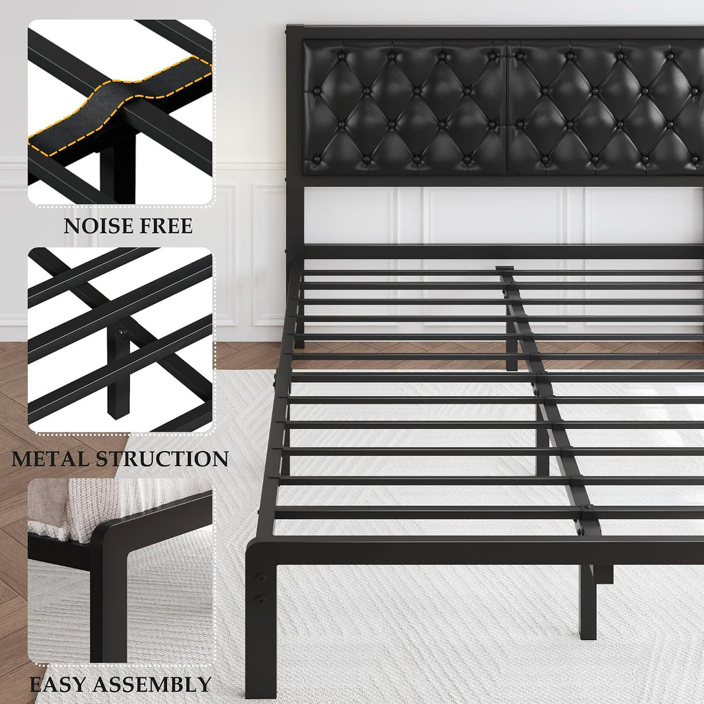 Hisoft Queen Bed Frame With Upholstered Button Tufted Headboard, Bed Frame Platform Metal Slats Support, Under Bed Storage, No Box Spring Needed, Noise-Free, Easy Assembly, Black