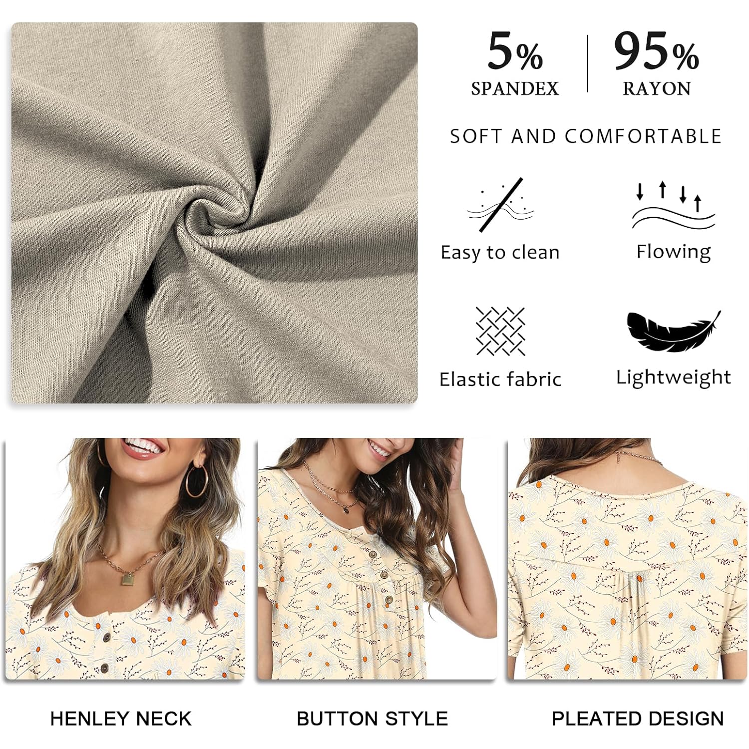 Women's Tunic Tops Short Sleeve Henley Pleated Blouse Loose Fit Summer Shirts for Leggings