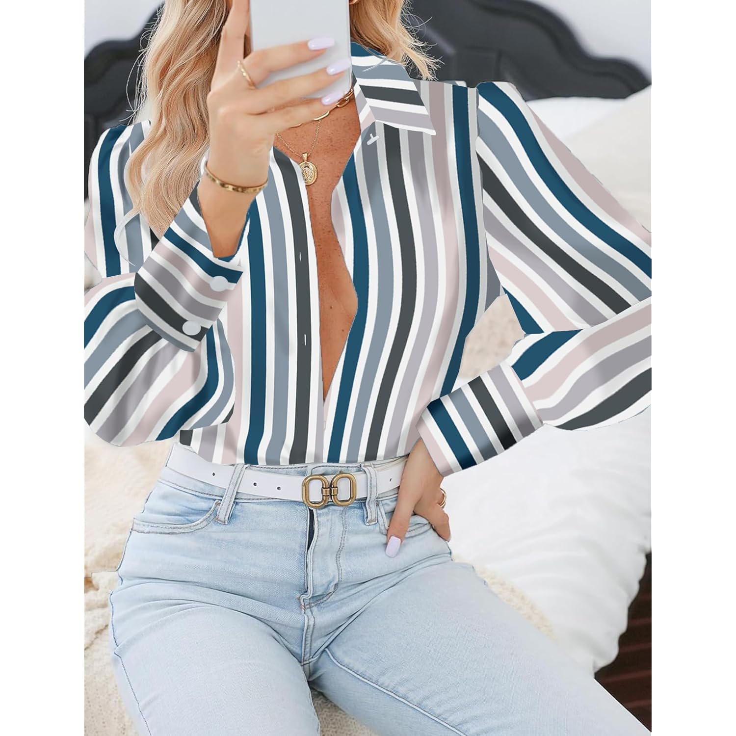 Womens Button Down Shirts Lantern Long Sleeve Blouse Business Casual Work Tops Floral Printed Outfits