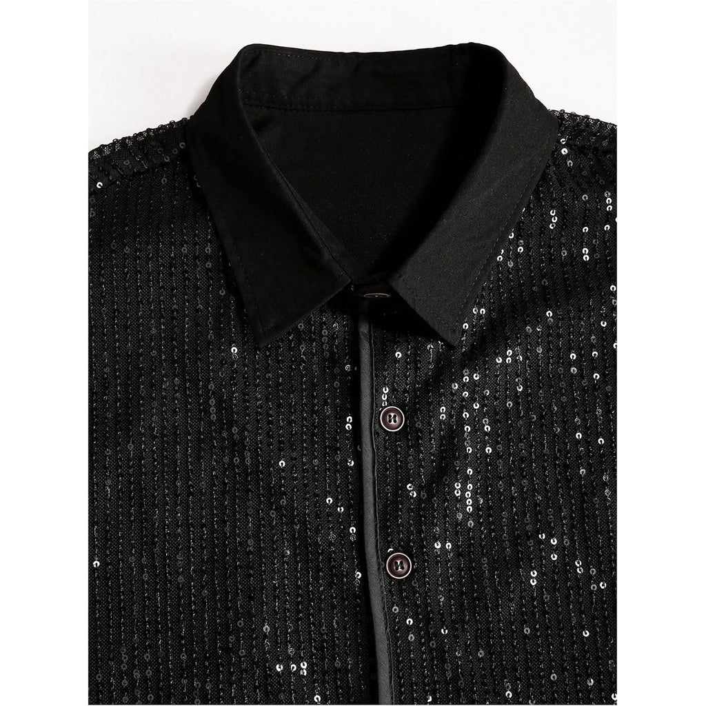 Men'S Sequin Button Down Shirts Sparkle 70S Disco Short Sleeve Party Shirt Tops
