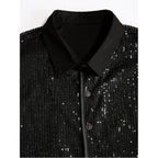 Men'S Sequin Button Down Shirts Sparkle 70S Disco Short Sleeve Party Shirt Tops